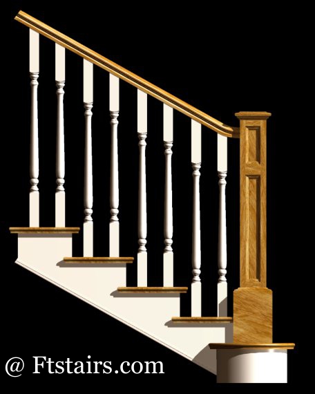Staircase Picture - Stair and Railing shown in a paint-wood combination with 1 3/4" provincial turned spindel,our #3 style handrail with a Grand newel post a top an open sided stair with bullnose